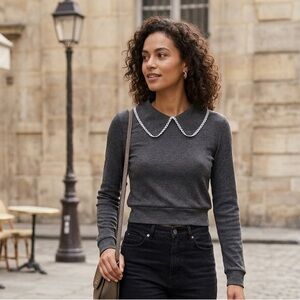 Rabbit Rose Grey Ribbed Top with Scalloped Peter Pan Collar